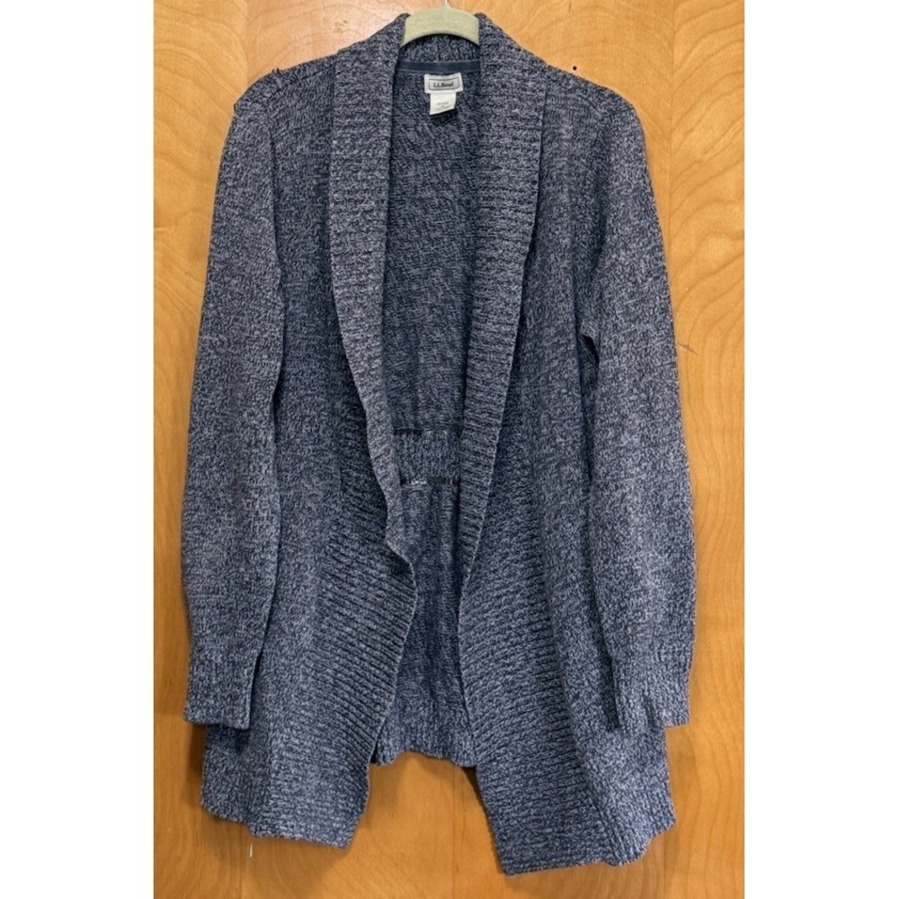 LL Bean Womens Open Front Sweater Cardigan Marled Gray Ribbed Sz XL